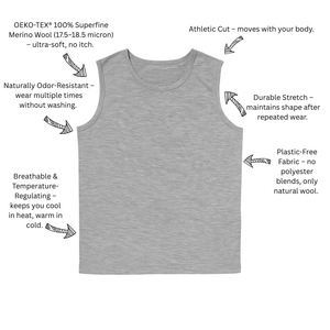 100% Superfine Mens Merino Wool Tank Top Grey