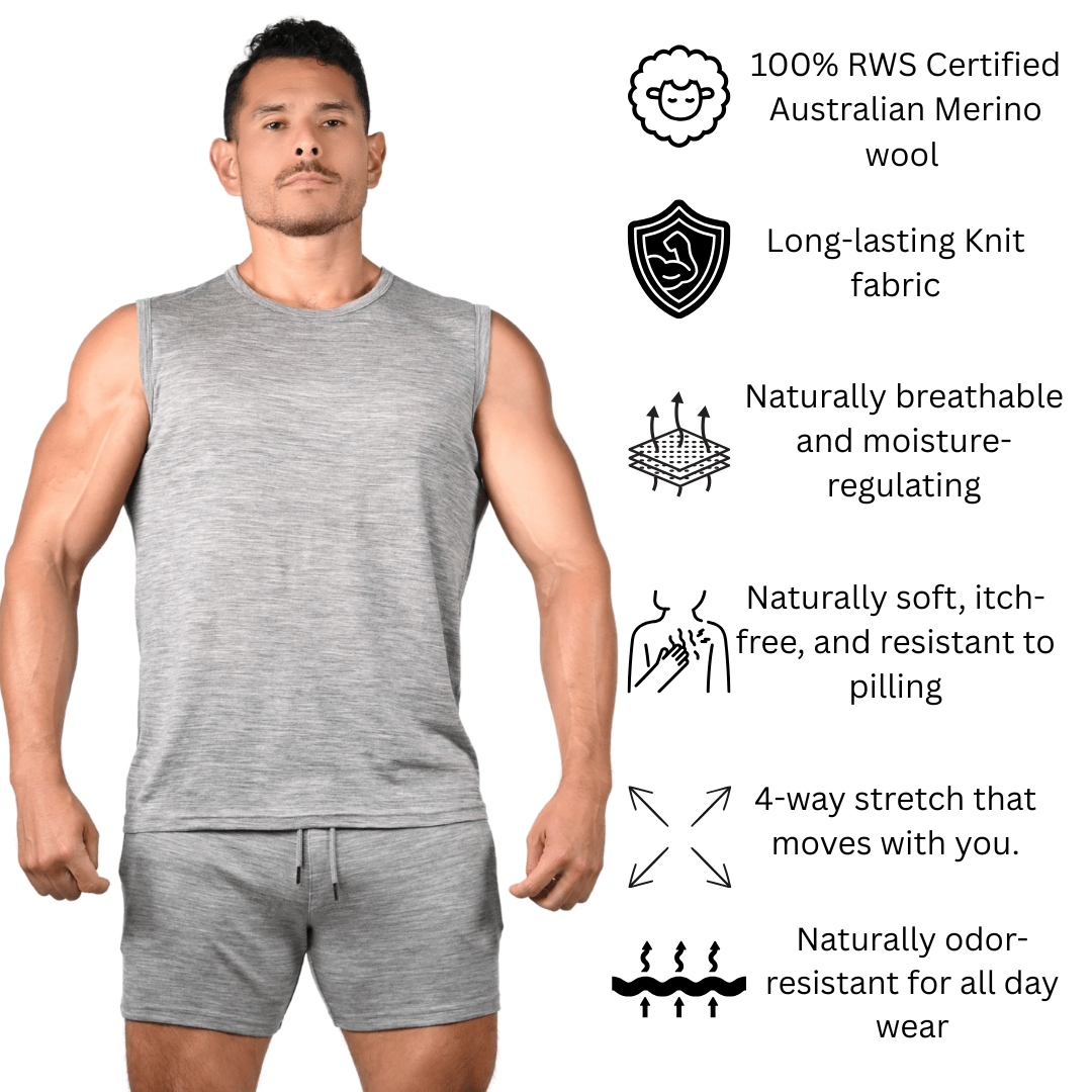 100% Superfine Men’s Merino Wool Tank Top – Grey | Breathable, Odor-Resistant, Plastic-Free