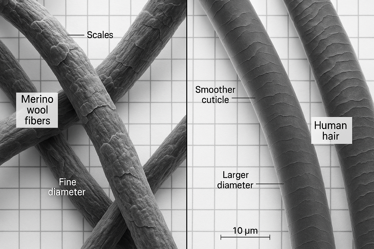 Macro Fiber Close-Up

A scientific-looking close-up of Merino fibers vs human hair.

Emphasizes the “technical” aspect and backs up your claims with visual proof.