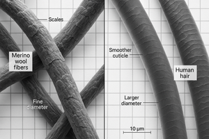 Macro Fiber Close-Up

A scientific-looking close-up of Merino fibers vs human hair.

Emphasizes the “technical” aspect and backs up your claims with visual proof.